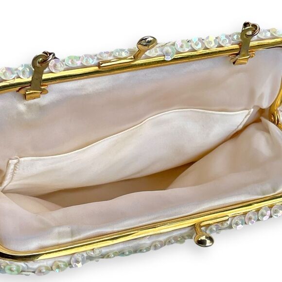 Vintage Opalescent Sequin Seed Bead Kisslock Snake Chain Evening Frame Purse - Picture 12 of 16